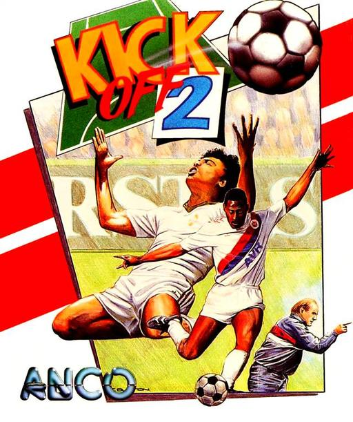 The Kick Off 2 Amiga box art: a white-shirted player falling backwards, a second player behind him with arms raised, and a coach pointing.