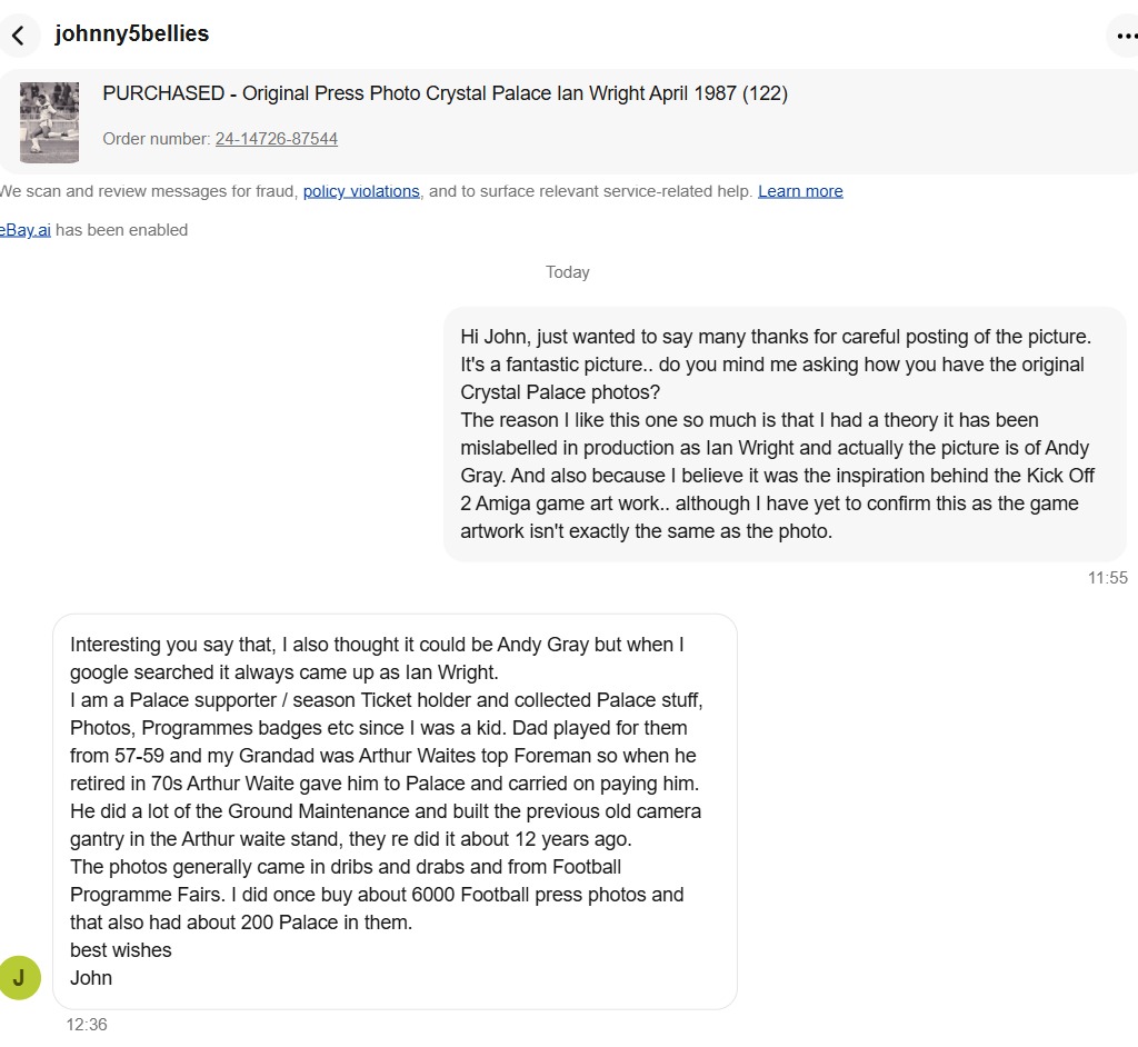 eBay messages between Steve B and seller John about the Crystal Palace press photo, including John's family history at the club.