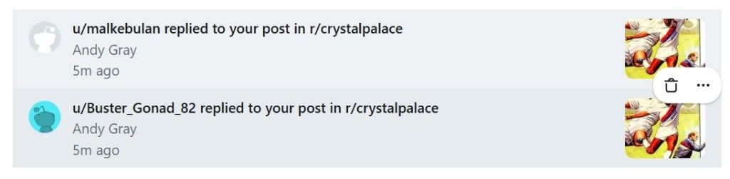 Reddit notifications showing two replies to a post titled 'Andy Gray' in r/crystalpalace.